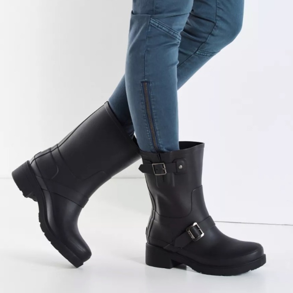 Hunter Original Rubber Biker Rain Boots - Black Size 6 - Picture 3 of 16